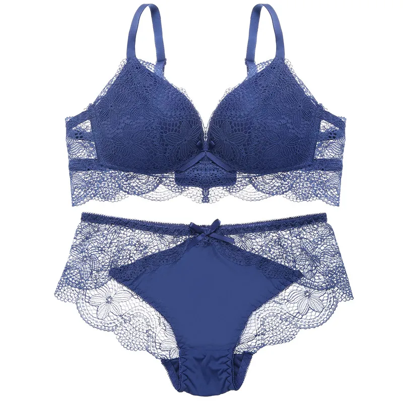 Lace Bra Set For Women Comfort Wireless Bra Sexy Lingerie Set Fashion Female Wire Free Floral Underwear Suit Cotton Girls Panty - Цвет: Blue