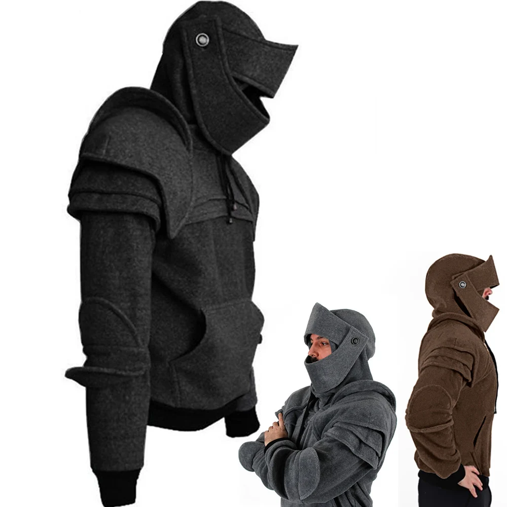 

Men's Retro Drawstring Knight Sweater with Mask Protecting Elbow Knight Sweatshirt Winter Windproof Warm Keeping Hoodie Men 2019