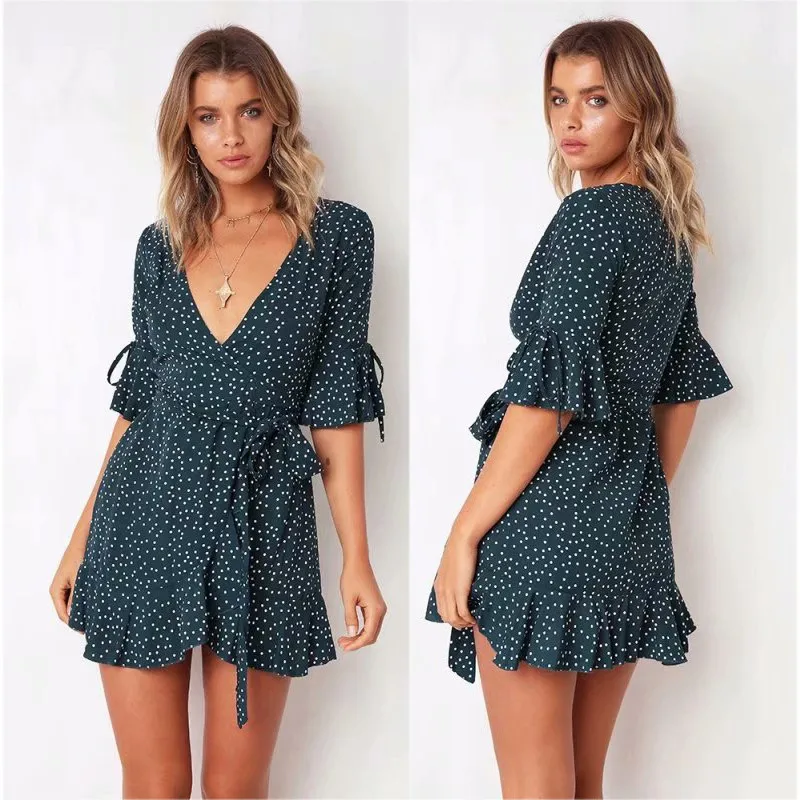 yinlinhe Red Polka Dot Summer Dress Short Sleeve V neck Sexy Wrap Dress Women Slim Waist Elegant Boho Ruffles Vestidos   5