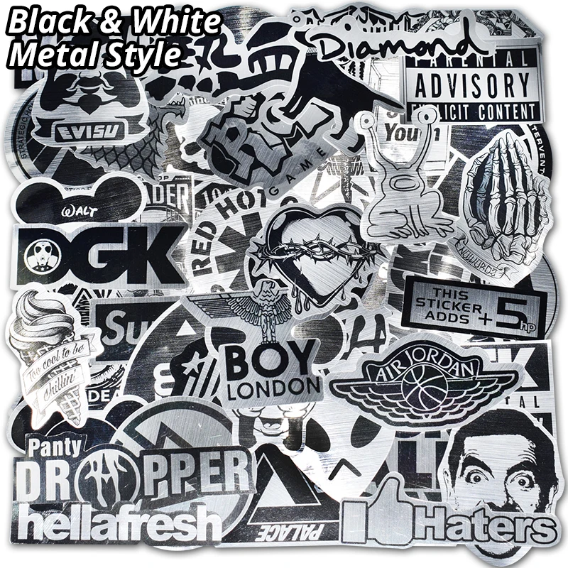 

New 56 PCS Black and White Metal Style Stickers For Laptop Luggage Skateboard Fridge Bike Home Decor Decal Not Repeat Sticker
