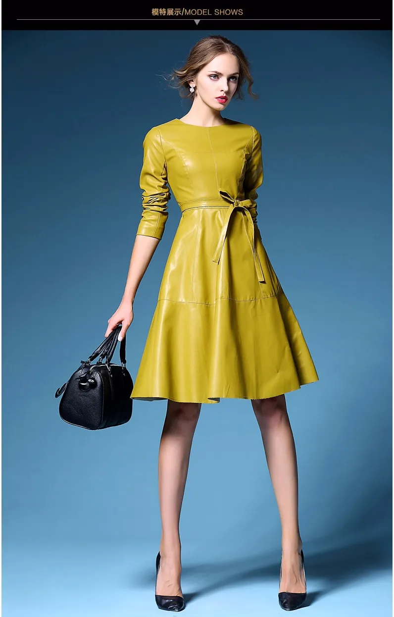 Желтое Черное женское платье из искусственной кожи осеннее кожаное официальное платье с бантом верхняя одежда с длинным рукавом женское платье из мягкой искусственной кожи