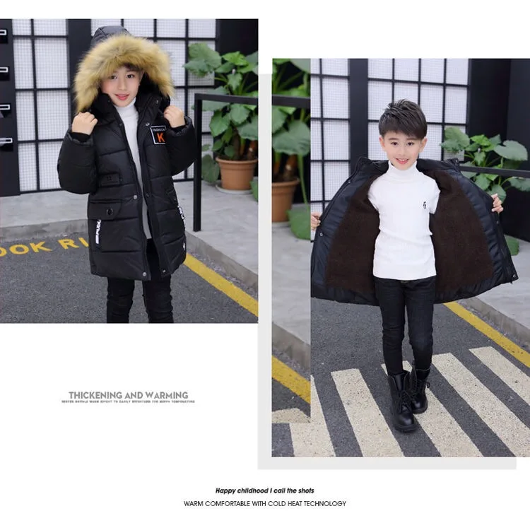 New Winter Kids Jacket For Boys Teenage Fur Hooded Outerwear Parka Thicker Cotton-30 Russia Overcoat Clothes For Children