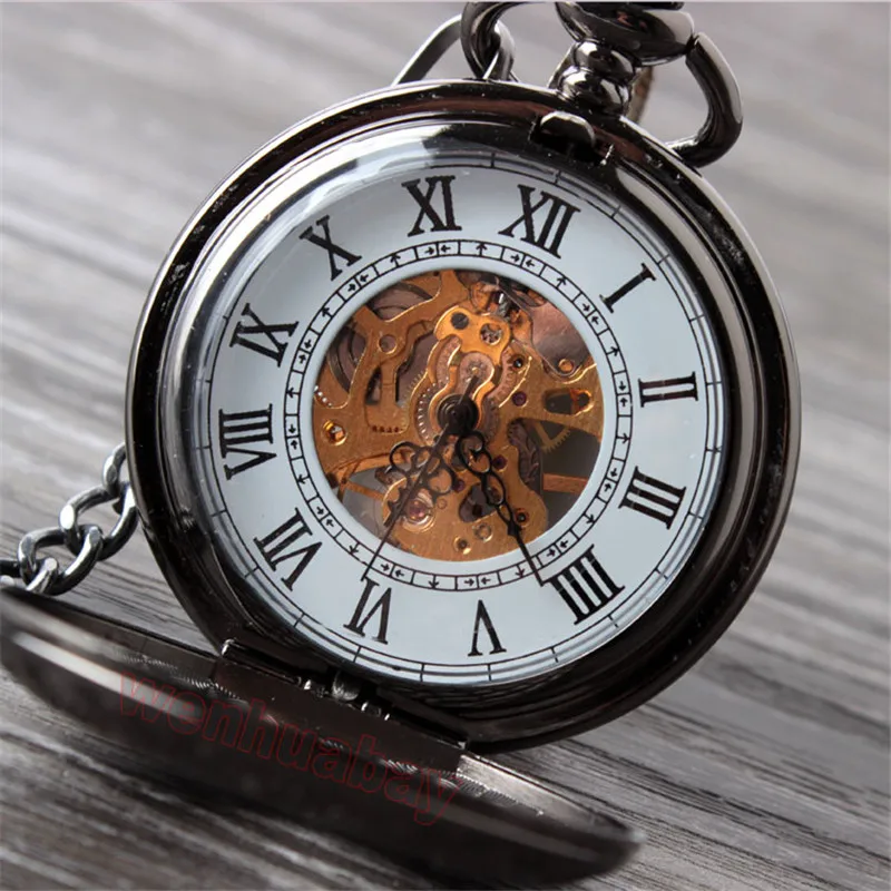 Goede Vintage Black Mechanisch Zakhorloge Mens Classic Elegant Hollow Skeleton Hand wind Retro Mannelijke Klok Hanger Fob Horloges