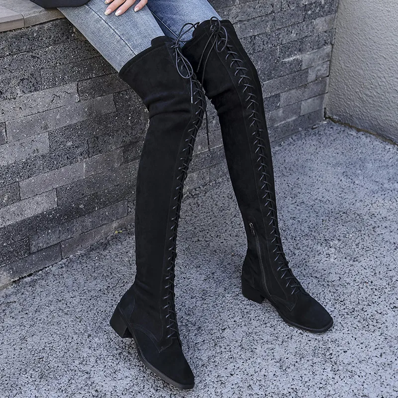 ASUMER new over the knee boots women square toe zip lladies boots cross tied mesh heels Motorcycle boots women big size