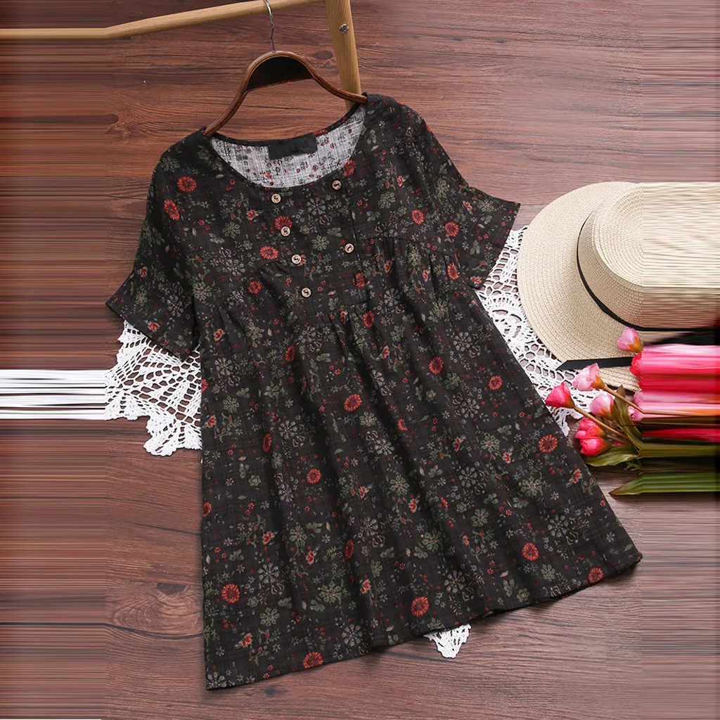 

Blouse Womens Floral Printed O-neck Short Sleeve Casual Vintage Blouse Chemise Femme Top Blouses For Woman Camisas Mujer