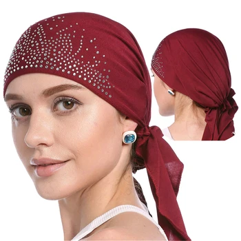 

2019 Fashion Women Headscarf Hat Thin Summer Muslim Inner Hijab Solid Diamond Turban Caps Islam India Head Wrap Hats For Ladies