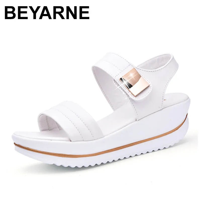 

BEYARNE Summer Women Sandals platform heel Leather hook loop metal Soft comfortable Wedge shoes ladies casual sandals white blu