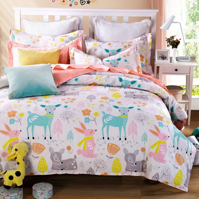 woodland animal friends deer rabbit flower cute cartoon bedding pink woodland sheets