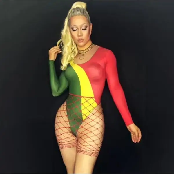 

Multicolor Sexy Women's Rompers Red Rhinestones Skinny Jumpsuit Costume Stage Wear Nude Bodysuit Women Singer Big Stretch Outfit