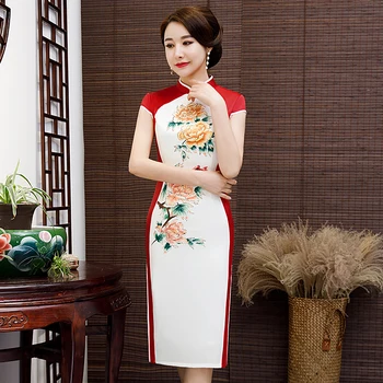 

RED Elegant Wedding Party Dress Gown Women Qipao Vintage Print Chinese Traditional Cheongsam Sexy Long Slim Vestidos M-3xl
