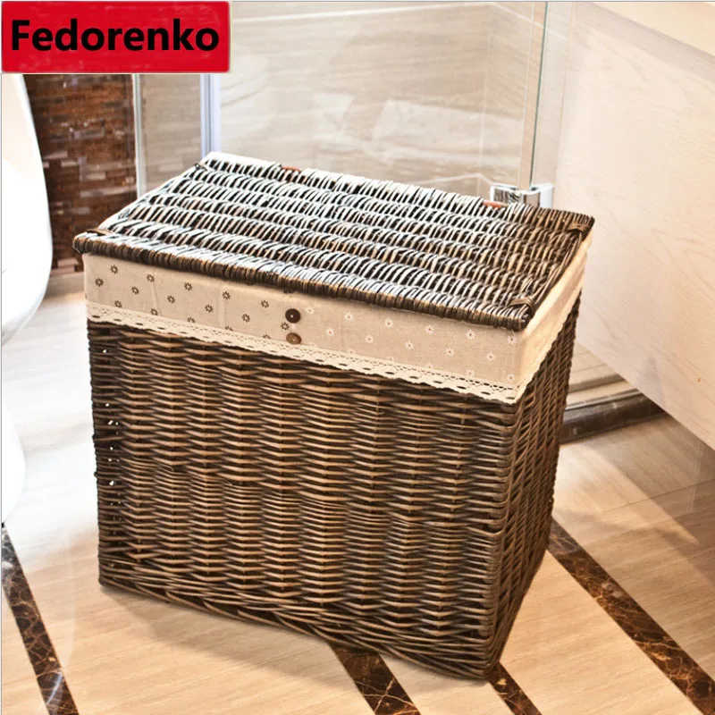 Large wicker rattan Laundry baskets natural rattan baskets with lid clothes storage box and bins covered home decor organizer