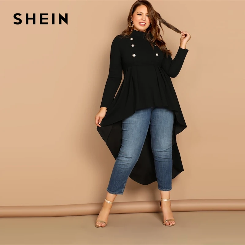 

SHEIN Mock-neck Dip Hem Stand Collar Double Button Plain Top Plus Size Black Blouse Women 2019 Spring Casual Top Blouses