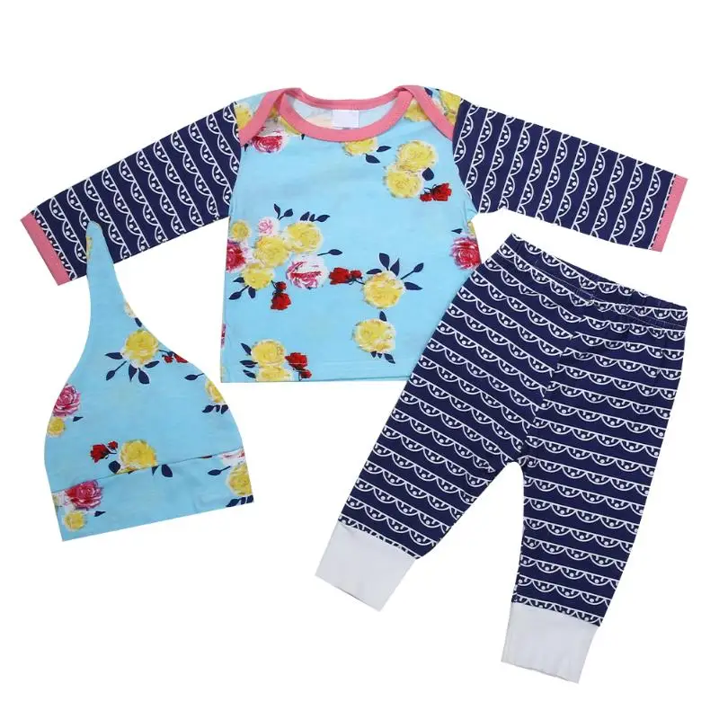 

3pcs Newborn Baby Girls Infant Clothes Set Flowers Print Long Sleeve Tops T-Shirts + Pants + Hat Newborn Girls Autumn Winter Set