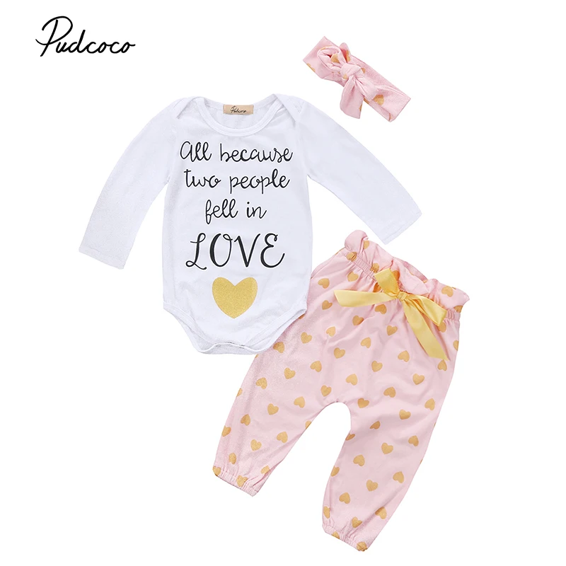 

Cute Newborn Toddler Kids Clothing Long Sleeve Letter Print Romper Tops+Gold Heart Print Bow Pant Trouser Headband 3PCS Clothes