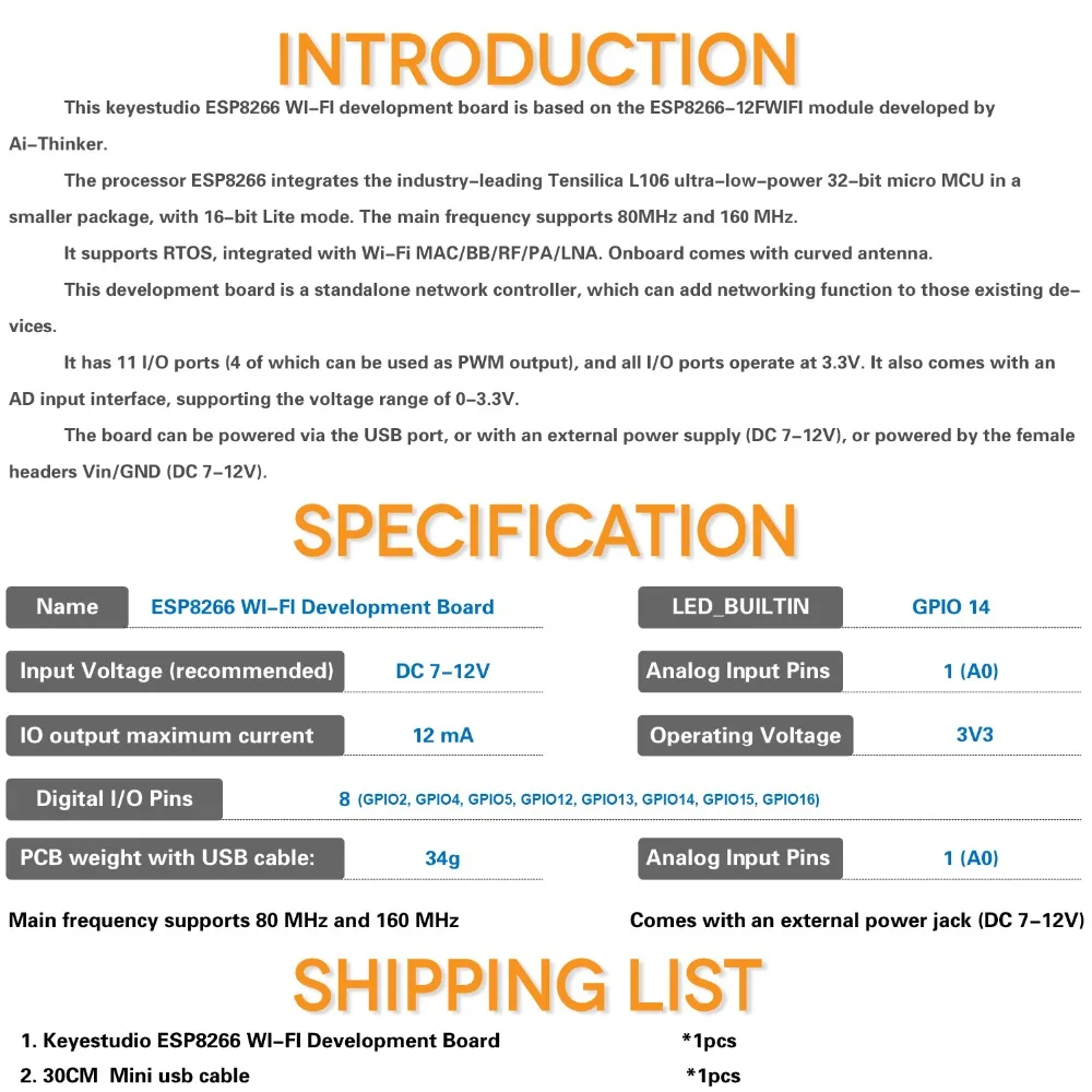 Keyestudio ESP8266 Wi-Fi макетная плата+ USB кабель для Arduino/на основе ESP8266-12FWIFI/Поддержка RTOS