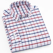 Модный дизайн в клетку, ткань Оксфорд, удобная, стоячий воротник, длинный рукав, тонкая посадка, легкий уход, деловые мужские клетчатые повседневные рубашки