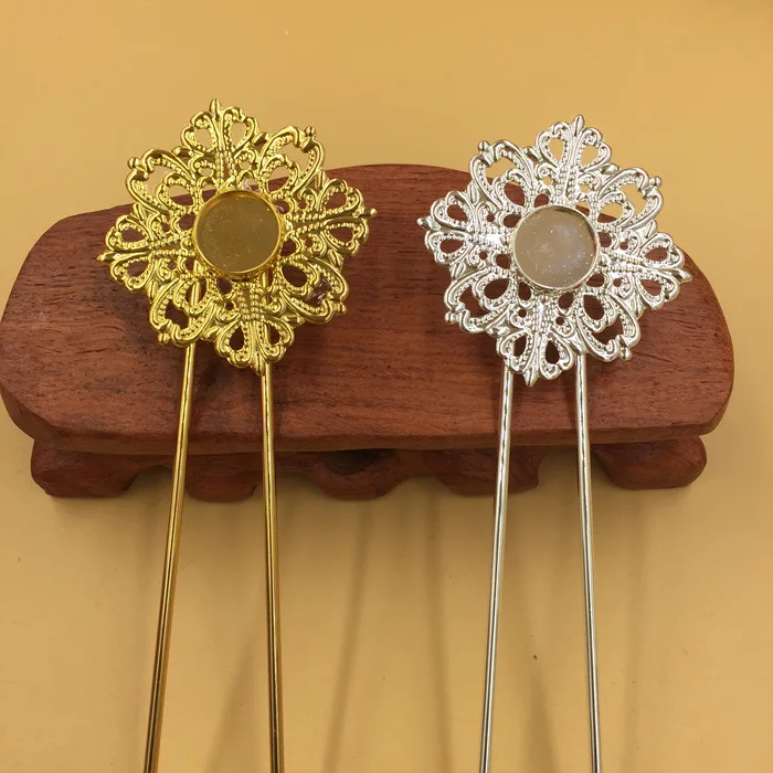 

32MM Fit 12MM Metal flower diy hair stick needle silver fork hair stick pin gold hairstick ethnic bohemia India hairwear jewelry