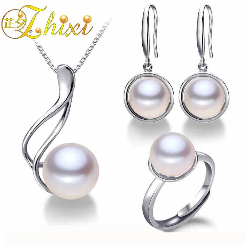 

ZHIXI Pearl Jewelry Sets For Women Fine Jewelry Natural Freshwater Pearl Pendant Earrings Ring 9-10mm Trendy Wedding Gift JFY01