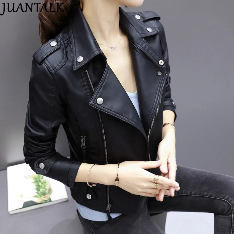 amazing JUANTALK Fashion Brand Leather Jackets Women Rivet Zipper Motorcycle Faux Soft Leather Coat Female