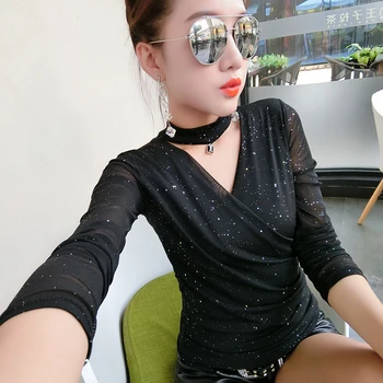 

Korean New Sexy V-Neck Mesh Silver Halter Tshirt Autumn Winter Women Top Long Sleeve Clothes Camiseta Mujer Slim Shirt T97316