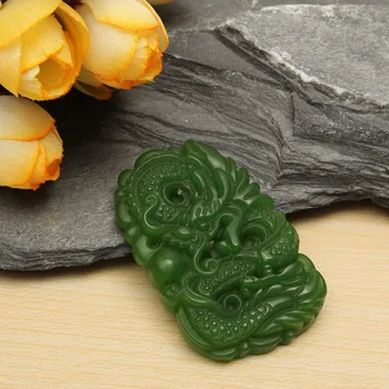 

KiWarm 1pc Green Hetian Jasper Jade Carved Chinese Dragon Gemstone Pendant DIY Necklace Stone Craft For Home Kids Gift Ornaments