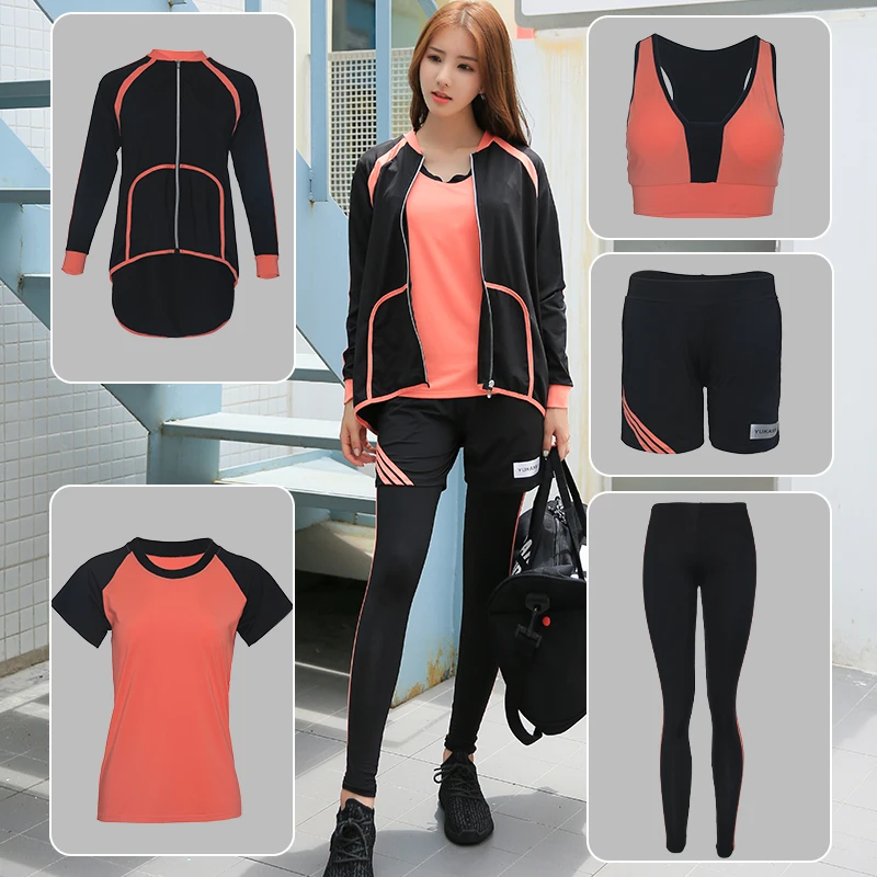 

VERZY Women 5 Pieces Yoga Set sports bra+shirt+T-shirt loose shorts+Pants Fitness 3 colors Solid Patchwork Outdoor Sportswear