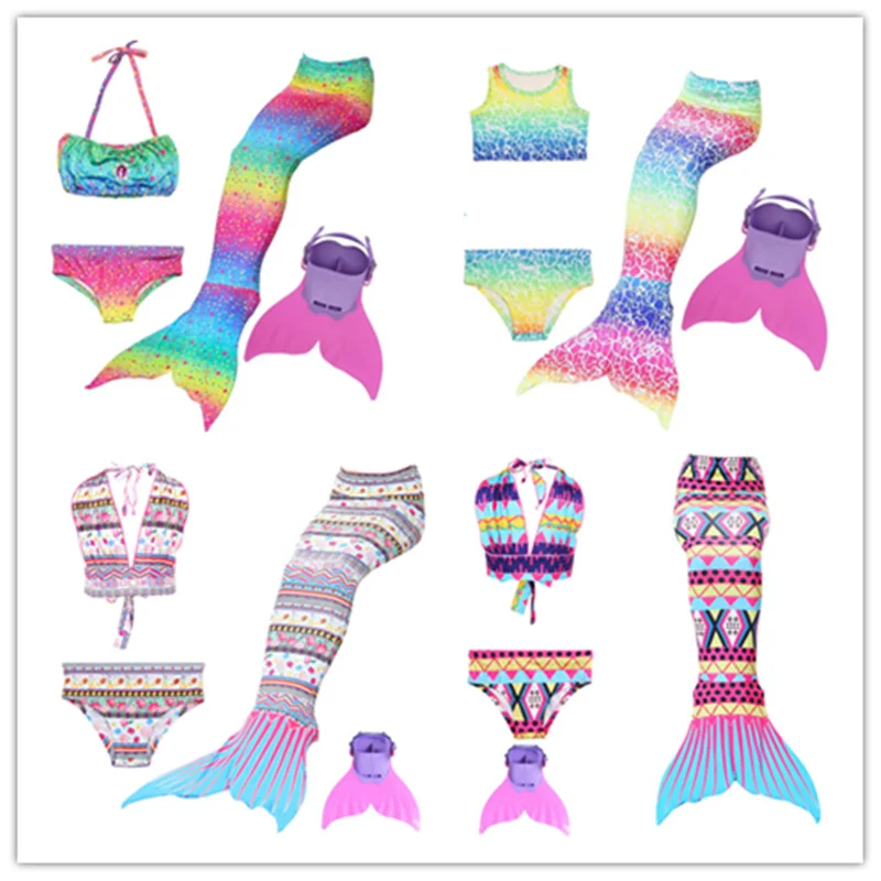

4PCS/Set Girls Mermaid Tails For Swimming Swimmable Children With Monofin Fin Kids Swimsuit Mermaid Tail Costumes for Girls Gift
