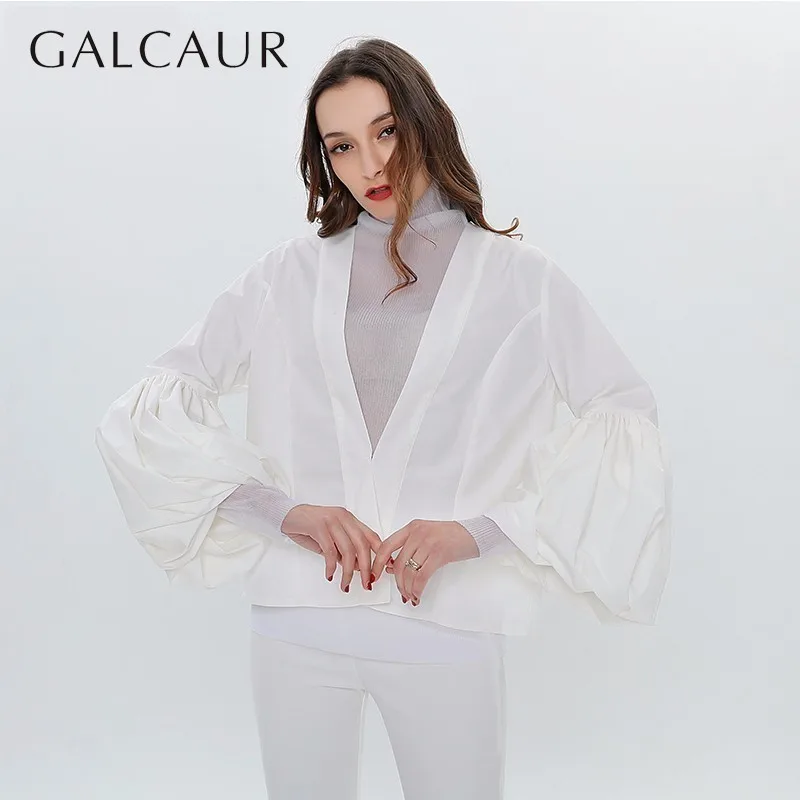 

GALCAUR 2019 Spring Womens Shirts Blouse V Neck Lantern Long Sleeve Casual Blouse Tops Female Fashion Clothing New