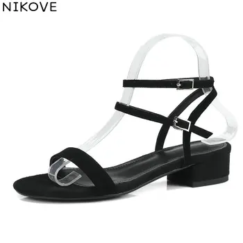 

NIKOVE 2018 Women Sandals Sweet Style Summer Shoes Kid Suede PU Round Toe High Heels Shoes for Women Out Door Fashion Size 34-40
