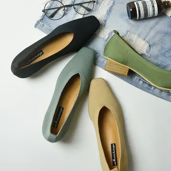 

New Ladies sapato Pumps feminino breathable knitted V square toe moccasins loafers stretch shoes women med heels