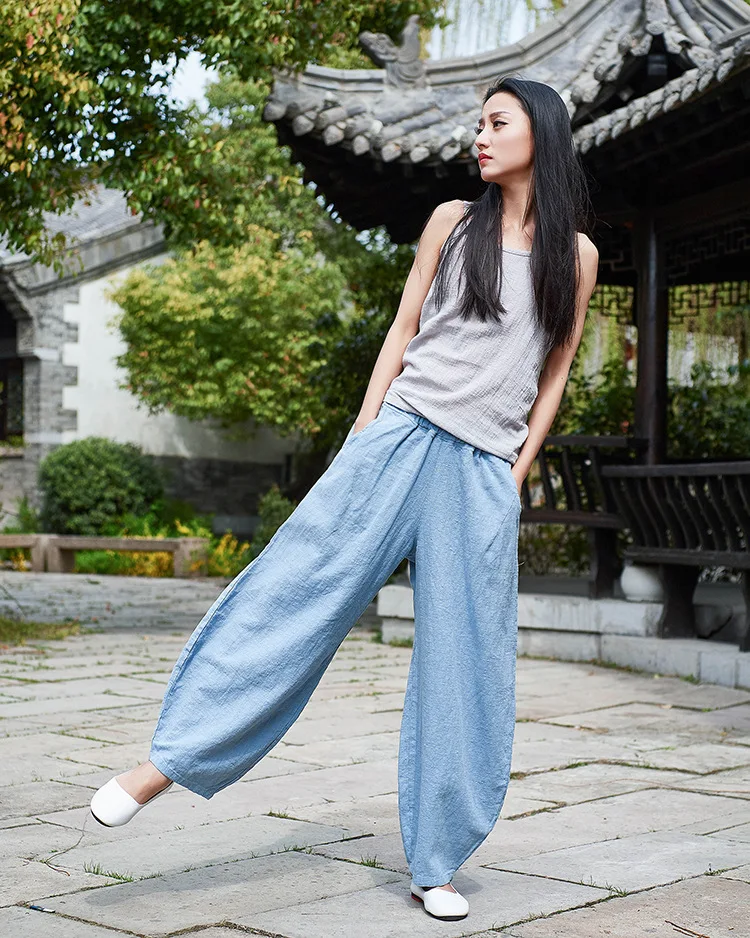 LZJN 2019 New Women Solid Color Pockets Loose Pants Vintage Elastic Waist Cotton Linen Wide Leg Full Length Pants (17)
