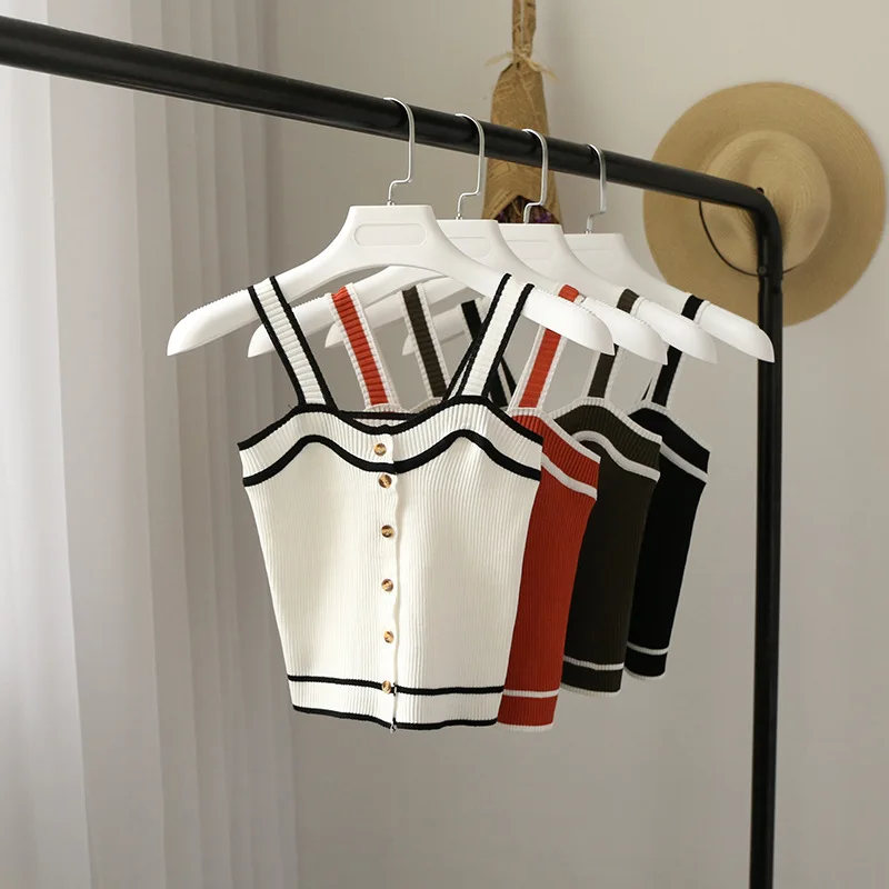 

2019 Summer Women's Single Breasted Knitted Tank Top Slim Short Exposed Knit Crop Top Preppy Strap Sleeveless Striped Crop Top