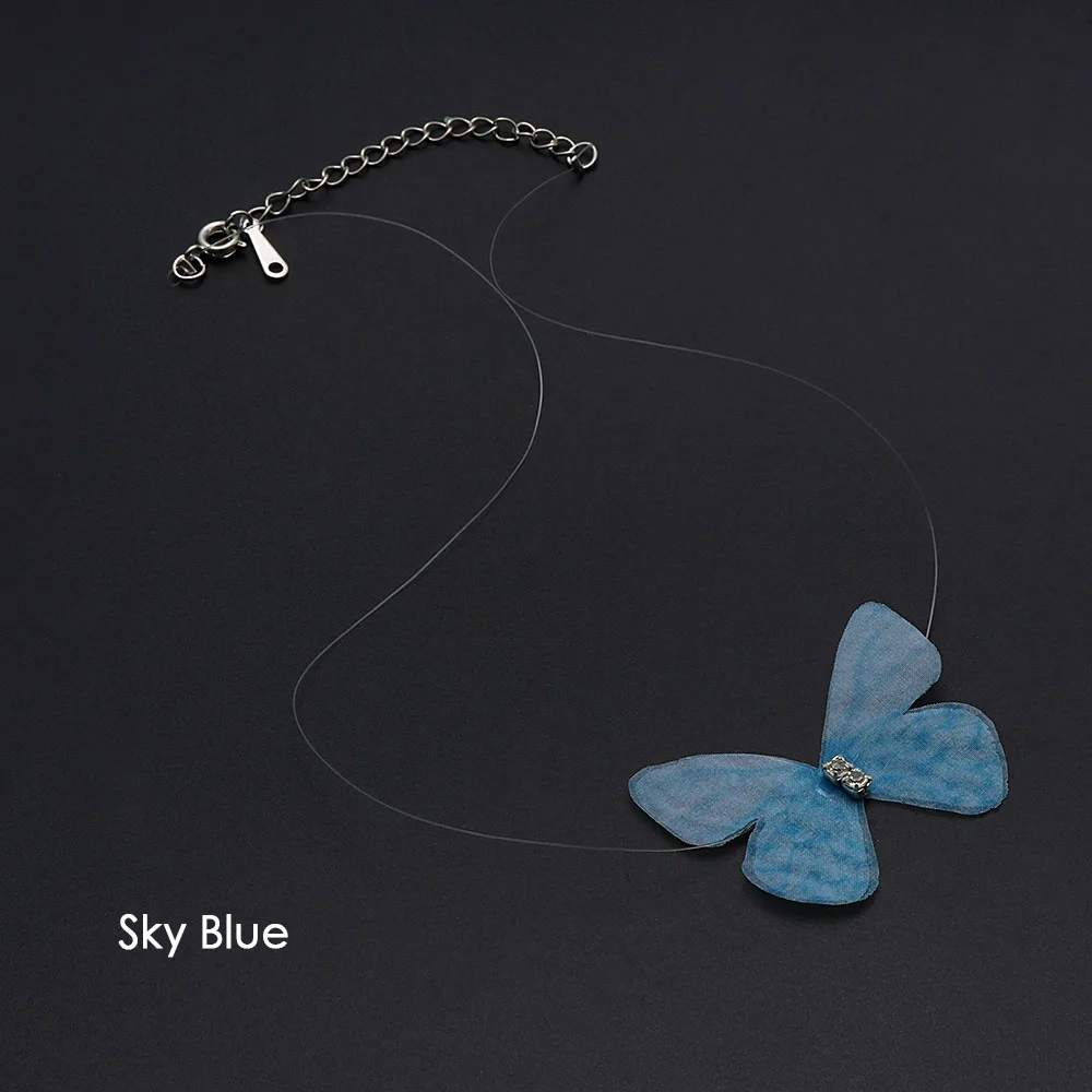 Новая мода Кристальные красочные 3D пряжа бабочки Чокеры Невидимый рыбий линии Шелковый Чокер Ожерелье Ювелирные изделия Подарки для женщин - Окраска металла: sky blue