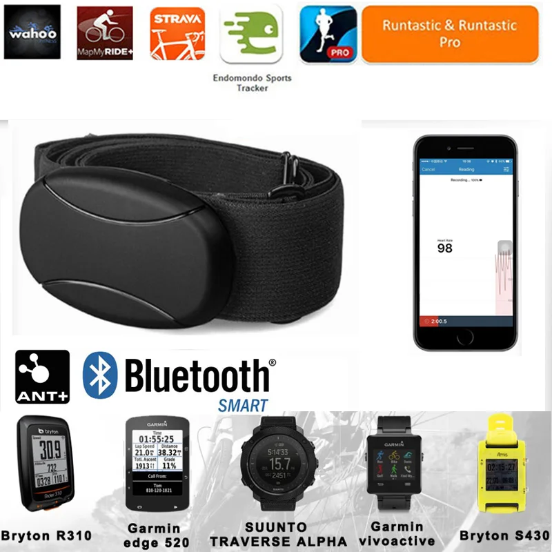 Fascia Cardio con fascia toracica nero intelligente Bluetooth e ANT+ compatibile con molti orologi sportivi Garmin Polar