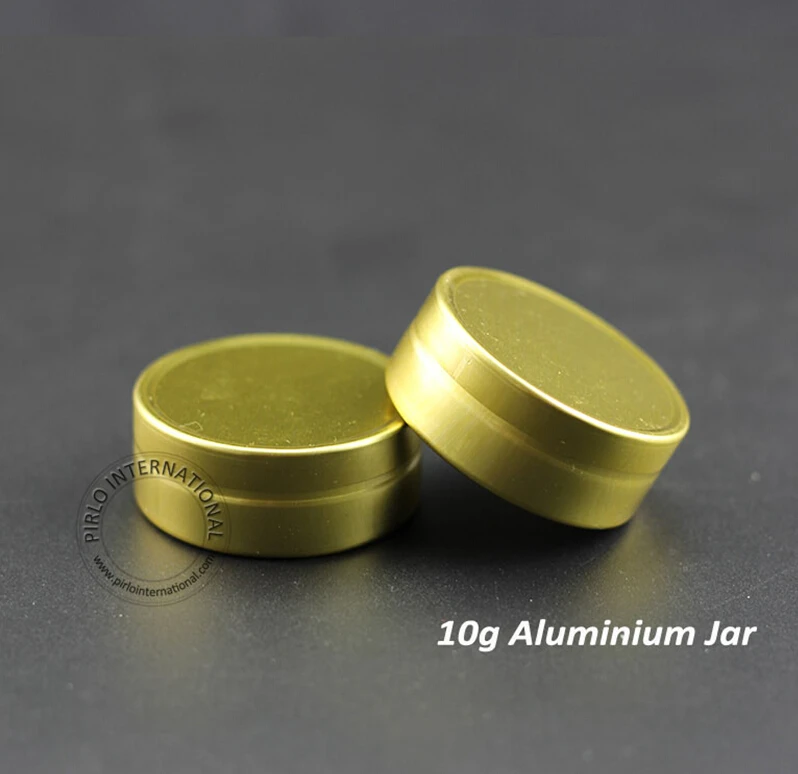 

Wholesale 50pcs 10g Gram Aluminum Jars Empty Cosmetic Tins Case Refillable Metal Cream Container W/ Gold Cap Makeup Packaging