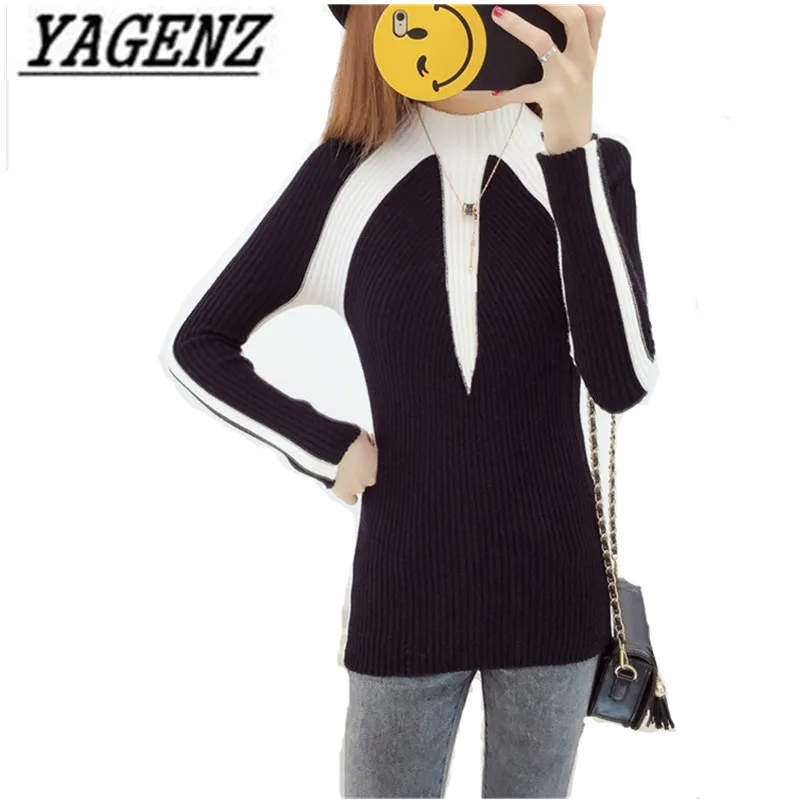 

Korean Women's Long sleeve Turtleneck Sweaters Autumn/winter Slim stitching Warm Knit Lady's Sweater Casual Lady's Clothing 3XL