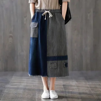 

#1761 Spring Spliced Striped Denim Skirts For Women Casual Loose A-line Pocket Tassel Appliques Jeans Skirt Female Plus Size