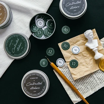 

100pcs/box number round Journal Decorative Iron box Stickers set Scrapbooking Stick Label Diary Stationery Album Vintage Sticker