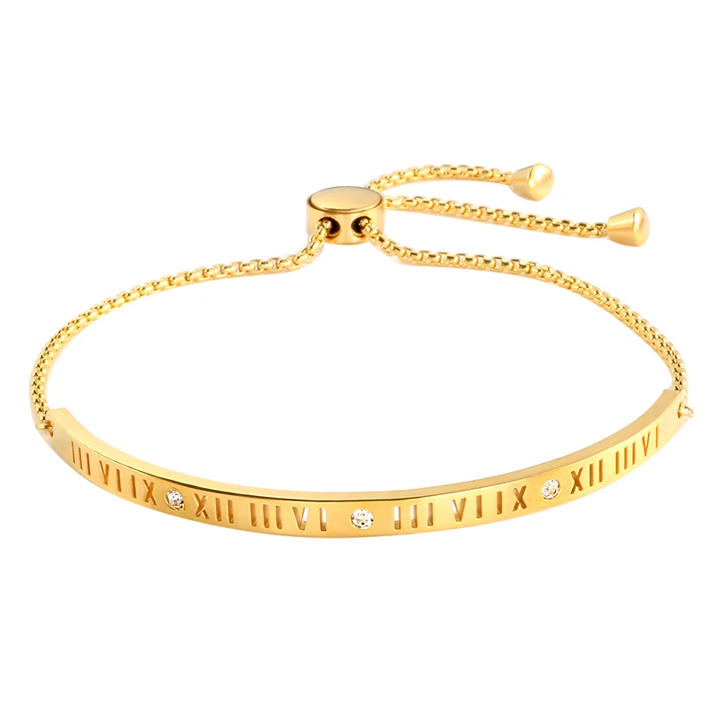 Прелестный жесткий браслет розового золота для женщин из нержавеющей стали римские буквы CZ цепной браслет роскошные фирменные ювелирные изделия подарок - Окраска металла: gold color