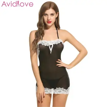 

Avidlove Women Sexy Lingerie Sexy Underwear Erotic Babydoll Costumes Halter Backless Lace Trim Slim + G-String Sleepwear