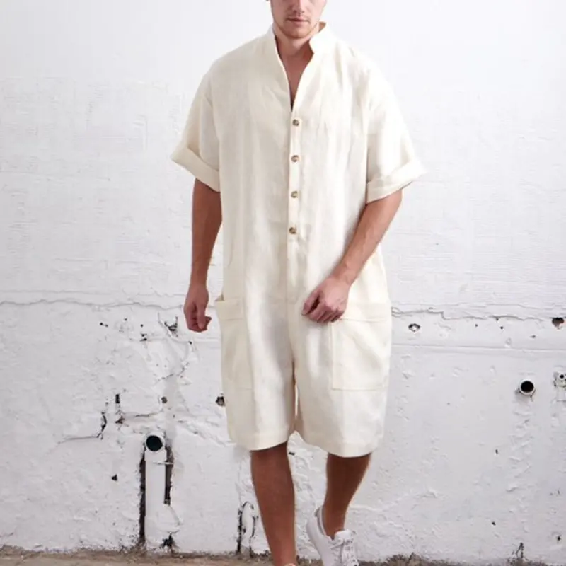 

CYSINCOS Summer Loose Men Rompers Cotton Half Sleeve Button Pants Vintage Casual Solid Men Cargo Overalls Jumpsuit Trousers Men