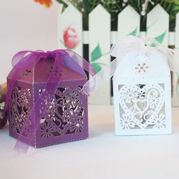 

50PCS Hollow square love Paper Boxes Candy Box Wedding Favors Gift with ribbon Party Birthday Baby Shower Supply