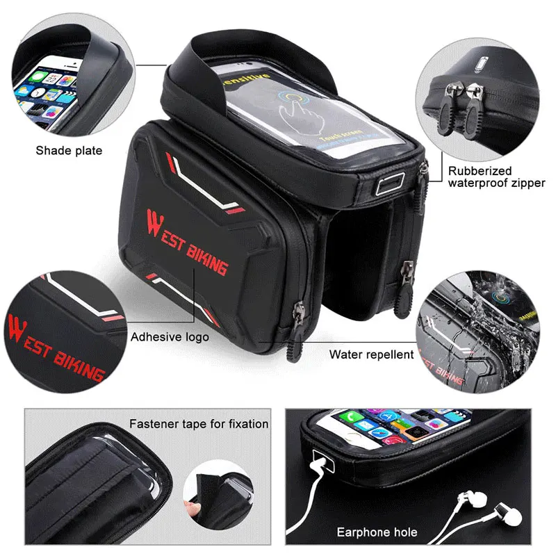 Cheap WEST BIKING MTB Bike Bag Front Tube Double Ipouch In Cell Phone Bag For Bicycle Waterproof Handlebar Front Frame Double Bags 4