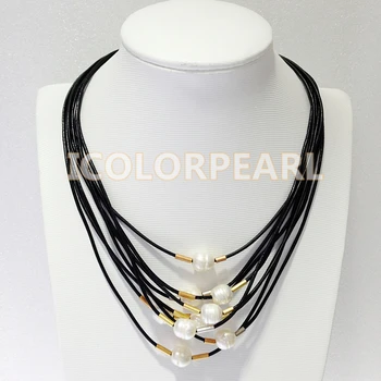 

WEICOLOR 45-48CM Multistrand White Natural Freshwater Pearl And Black Leather Necklace.