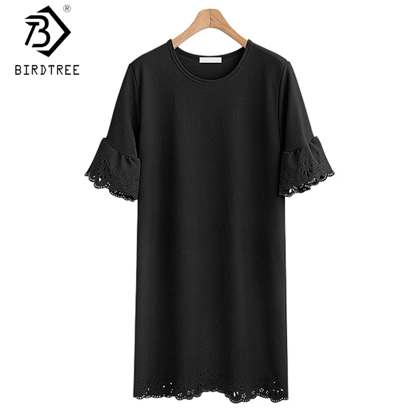 

2019 Women's Plus Size Straight Dress Oversize Summer New Hollow Out High Waist O Neck Ruffle Short Sleeve Fashion Dress D8D723C