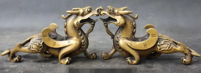 

S01426 7" Chinese Bronze Exorcise evil spirits Brave troops Pi Xiu beast pair Statue (B0413)