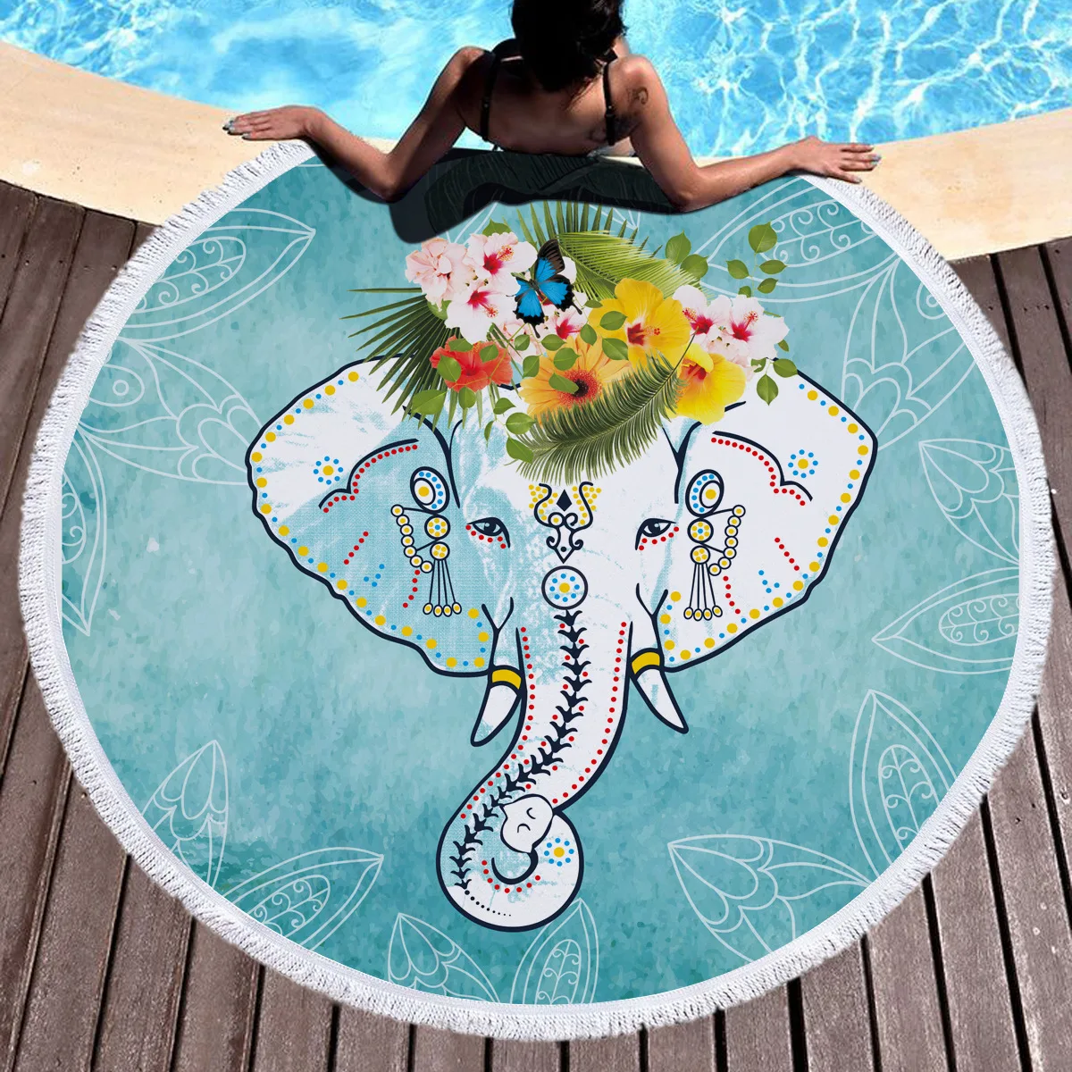 

Boho Large Oversized Microfiber Round Towel Beach Blanket Elephant Mandala Thick Terry Cloth Fringe Serviette De Bain Plage