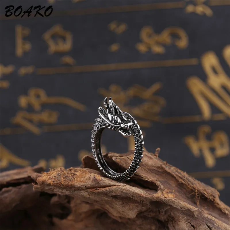 

BOAKO Retro Adjustable Silver Dragon Ring For Men Women Domineering Personality Opening Rings Male Gothic Punk Rock Jewelry
