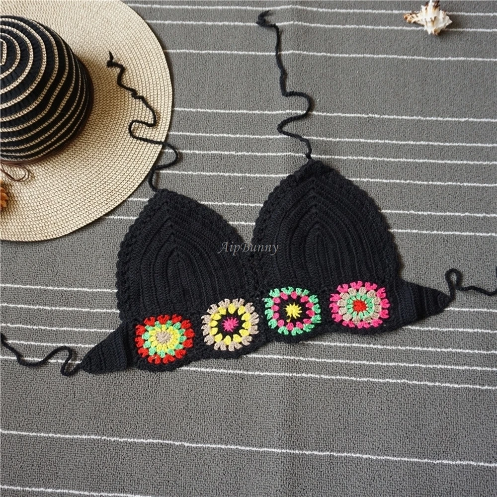 

AtejiFey 2018 Sexy Handmade Knitted Bathing Suit Swimwear Floral maillot de bain femme Bikini Swimsuit Halter Crochet Women Tops