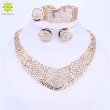 Fashion Wedding African Jewelry Sets Gold Color Carving Flower Statement Crystal Necklaces Earring Bracelet Ring Set